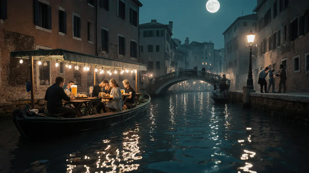 Floating bar on Navigli canal at night, moonlight reflecting on water with craft beer and food.
