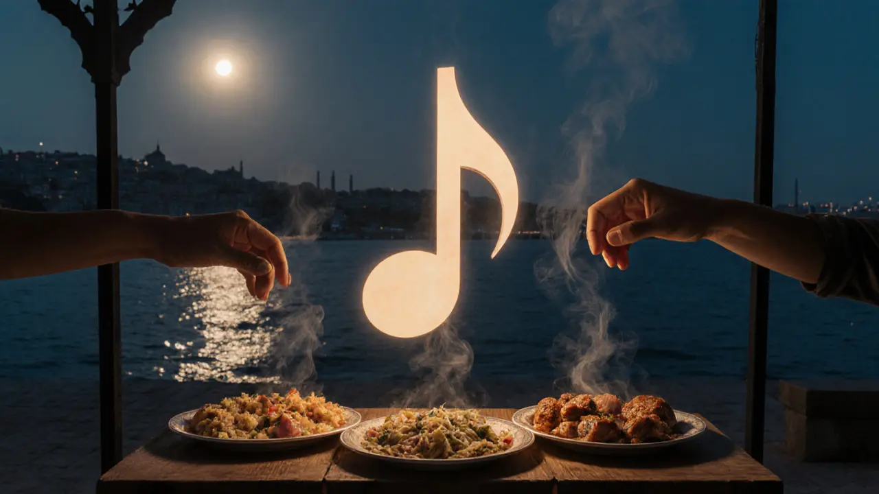 Floating Turkish midnight dishes glowing above a table under moonlight.