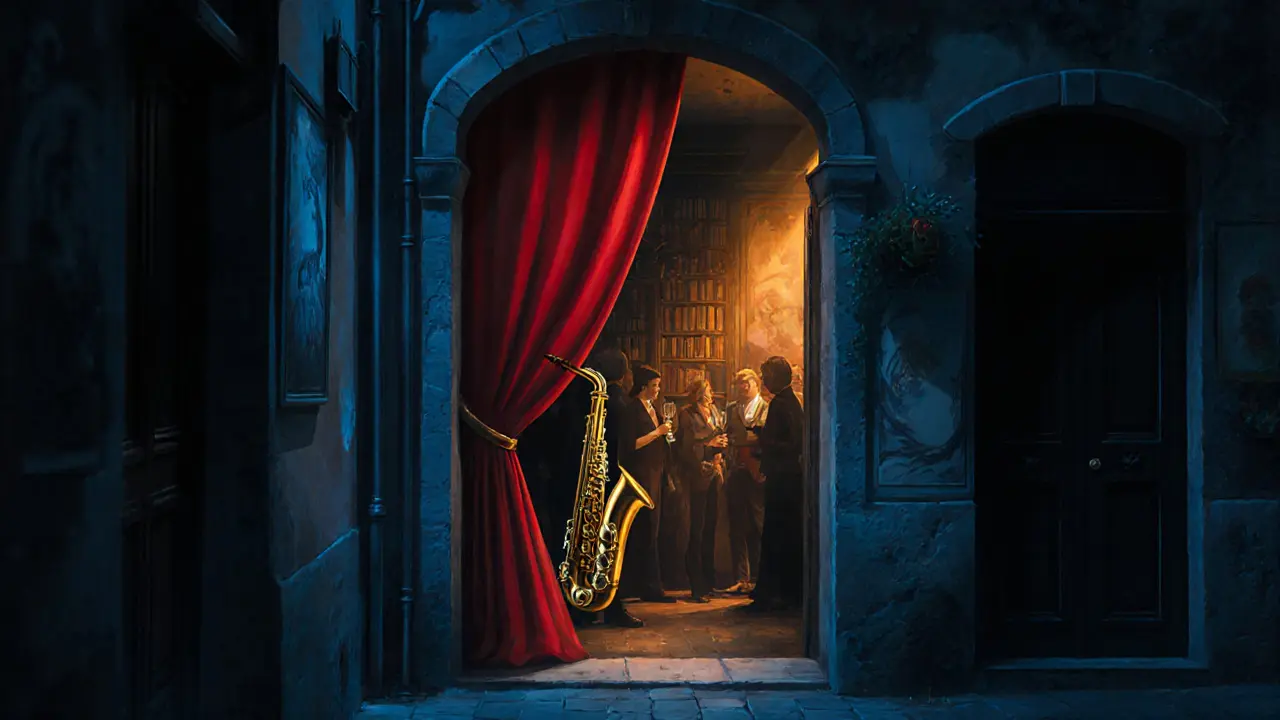 Hidden jazz club in Brera with red curtain and saxophone glow, dim alleyway atmosphere.