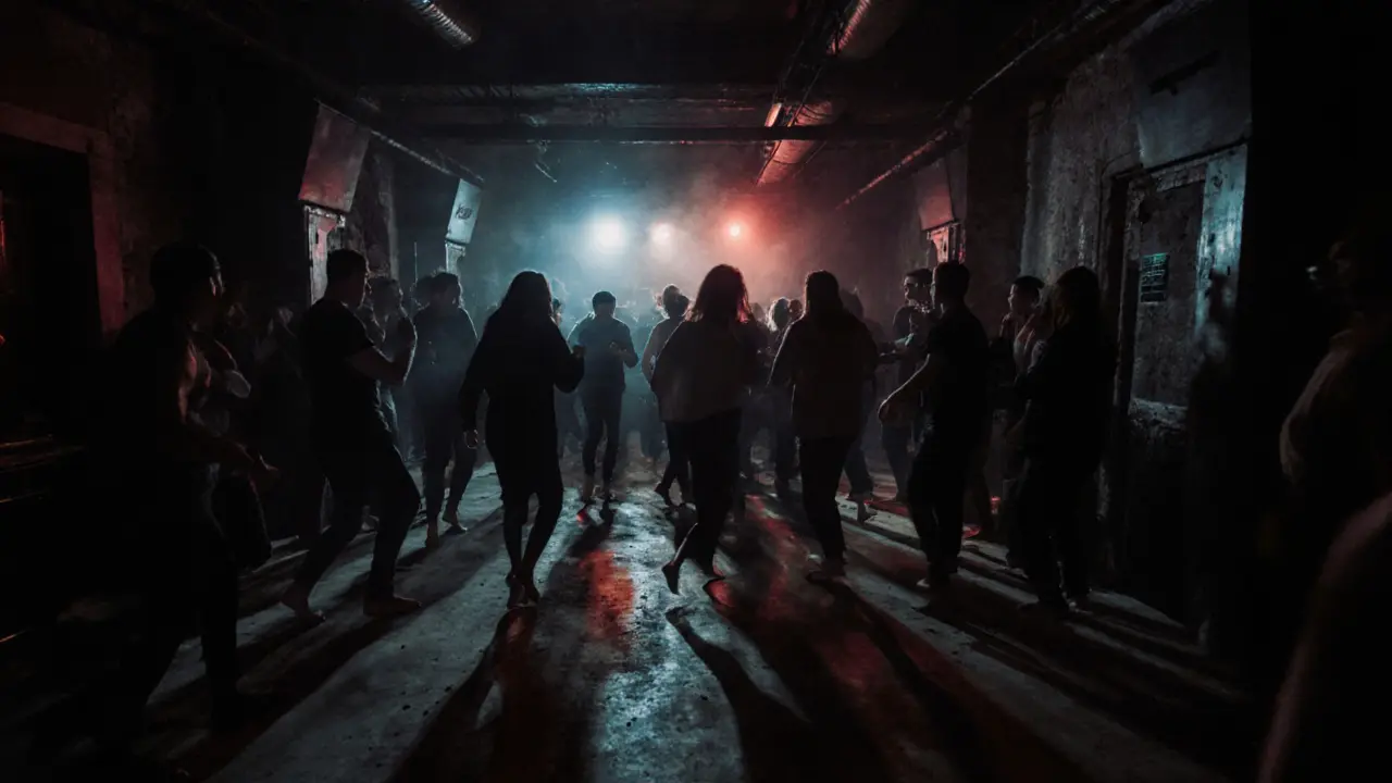 Hidden underground club with strobing lights and dancers in a converted factory, no signs, intense bass vibe.