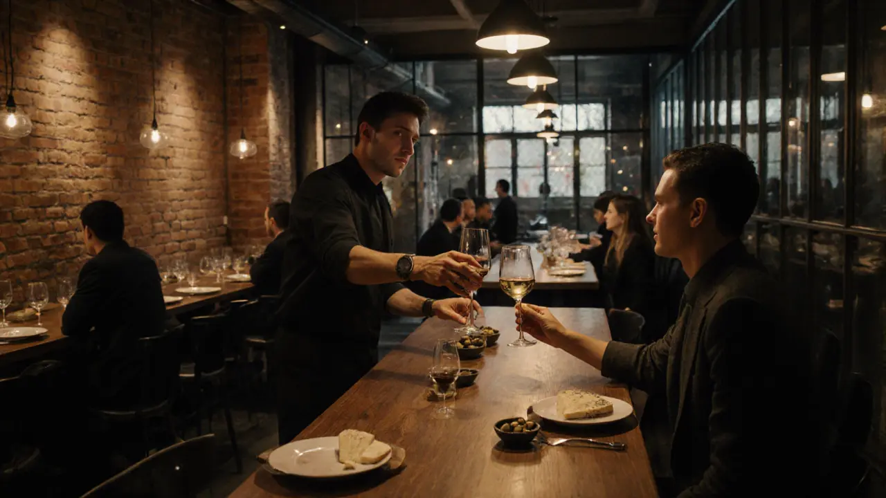 Industrial wine bar with glass cellar, staff offering a rare wine to a curious guest.