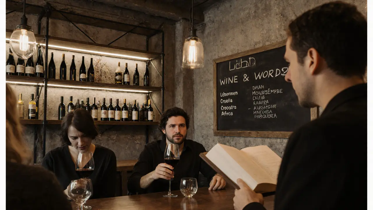Industrial wine bar with global bottles and a reading event, guests sharing wine and conversation under warm lights.
