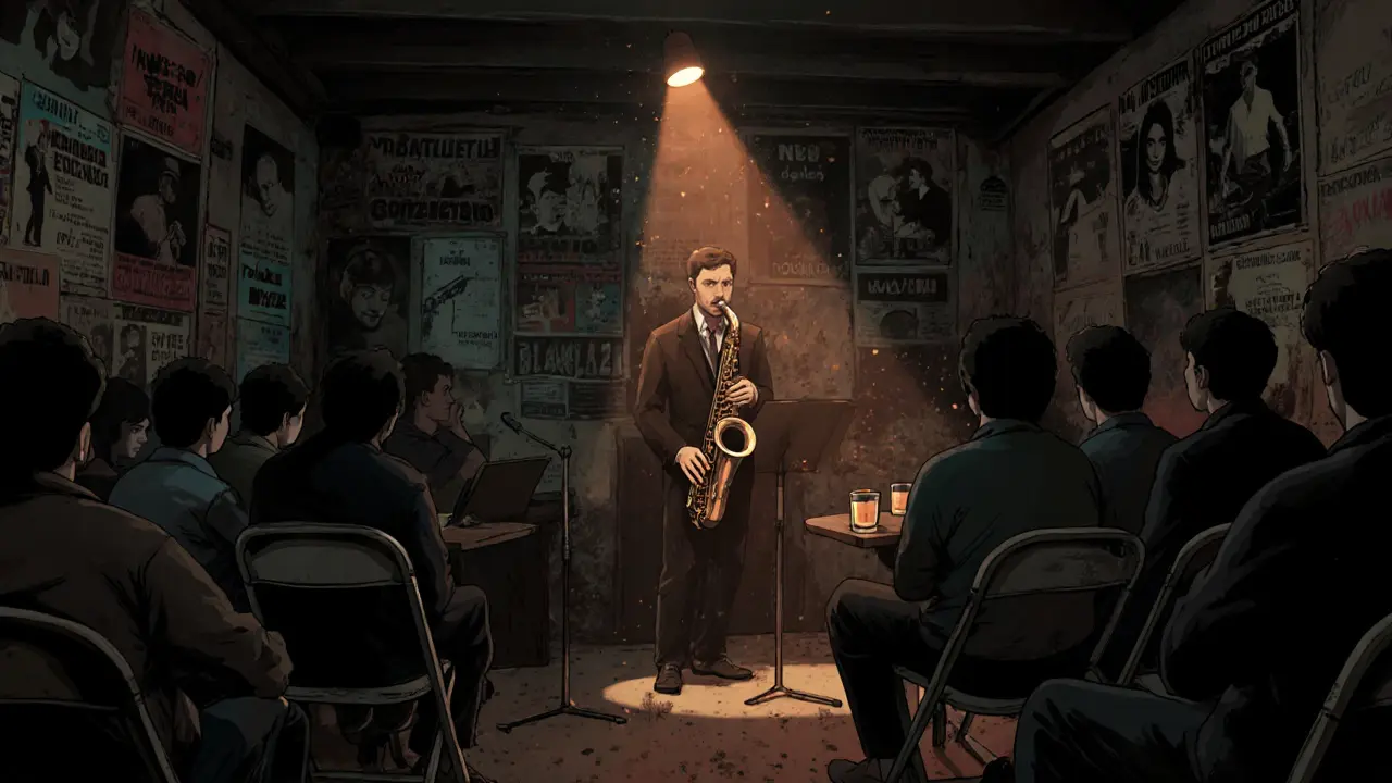 Intimate basement jazz club with saxophonist playing under warm amber light.