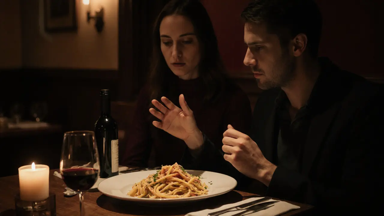 Intimate dinner in a hidden Brera trattoria, candlelight glowing on pasta and wine.