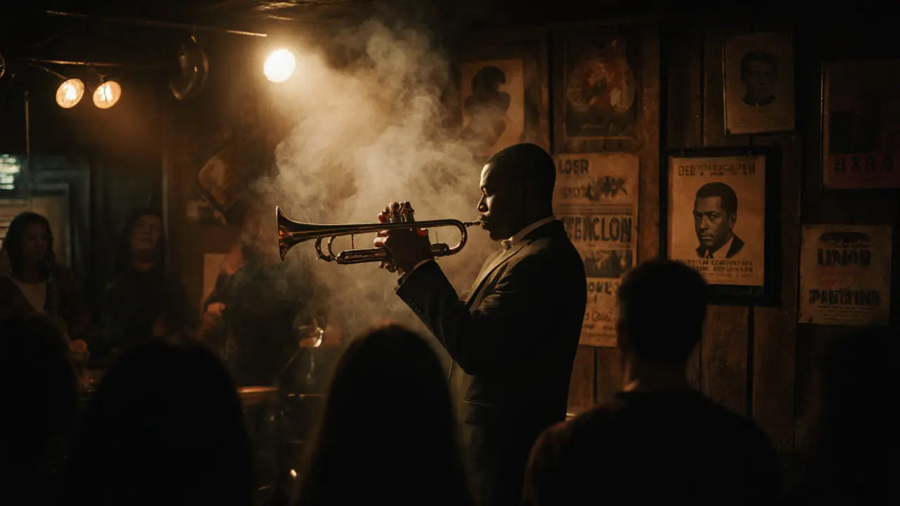 Jazz musician playing trumpet in a smoky basement club, crowd absorbed in the music.
