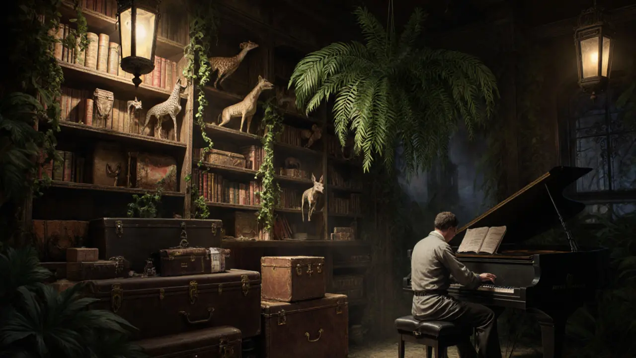 Jungle-themed bar with vintage decor, plants, and a grand piano under soft lantern light.
