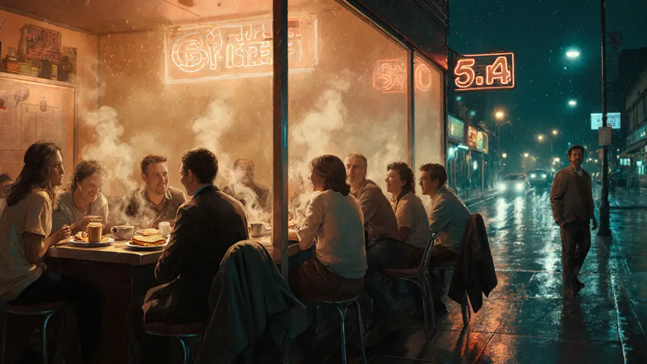 Late-night diner at dawn serving fry-ups, patrons laughing over coffee with a missing coat on a chair.