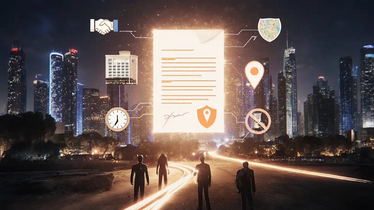 Legal companionship symbolized by a glowing document above Dubai&#039;s skyline.