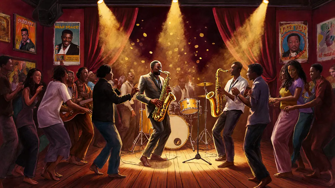 Live jazz performance in Camden with a diverse crowd dancing under golden stage lights.