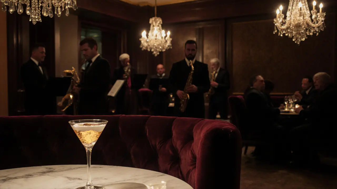 Luxury bar interior with golden martini and chandeliers in moody, elegant lighting.
