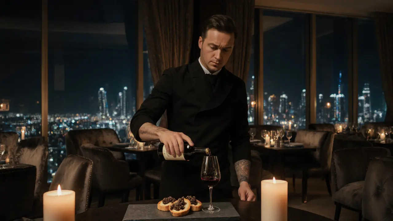 Luxury wine tasting with a sommelier pouring premium red wine, paired with gourmet bites in an elegant hotel setting.