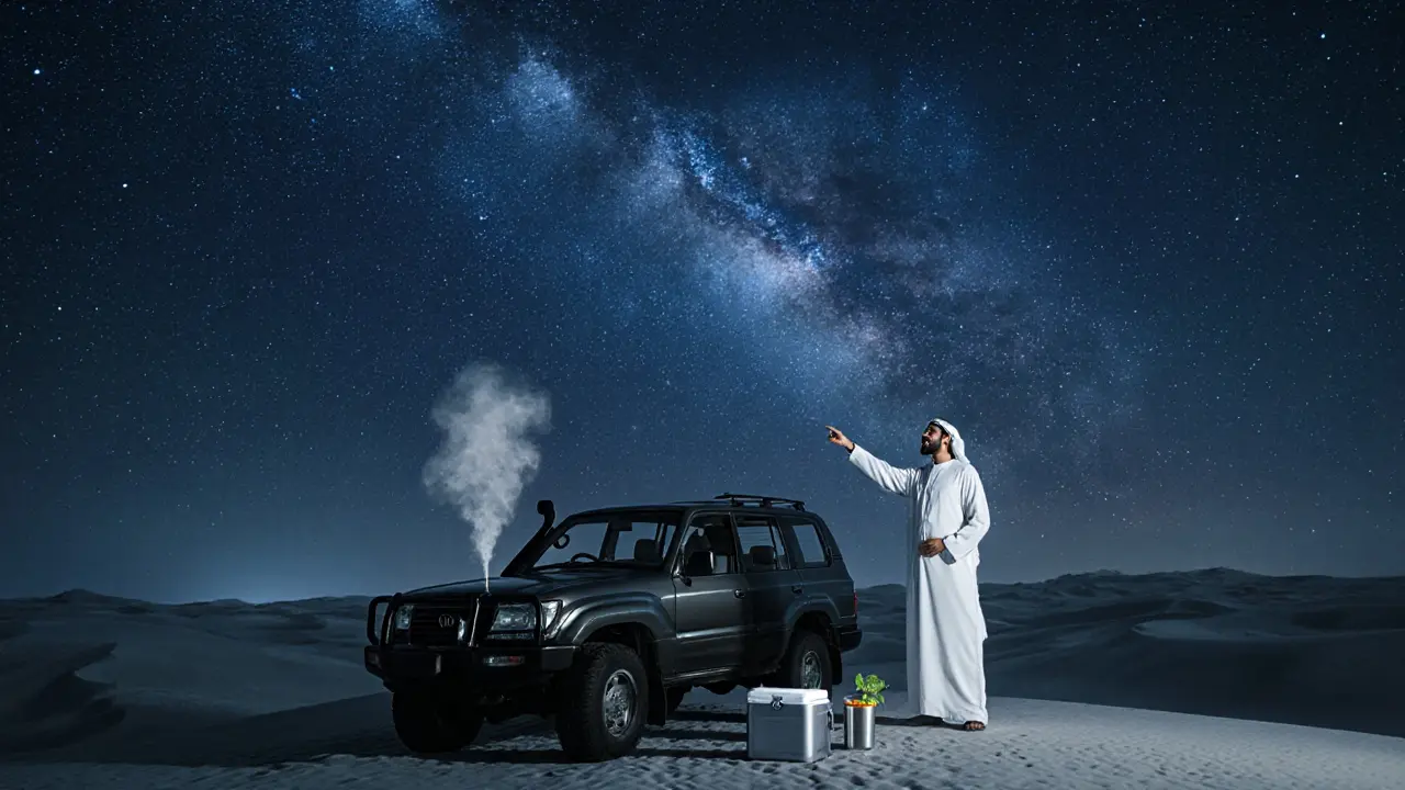 Midnight desert scene with a Land Cruiser, Bedouin singer silhouetted under a star-filled sky, no city lights visible.