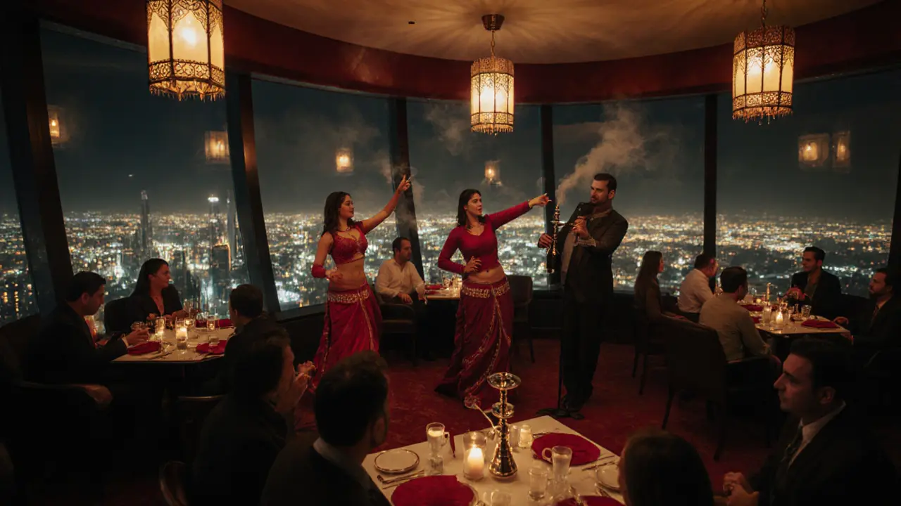 People relaxing in a revolving restaurant with Arabic music, lanterns, and the city lights spinning below.