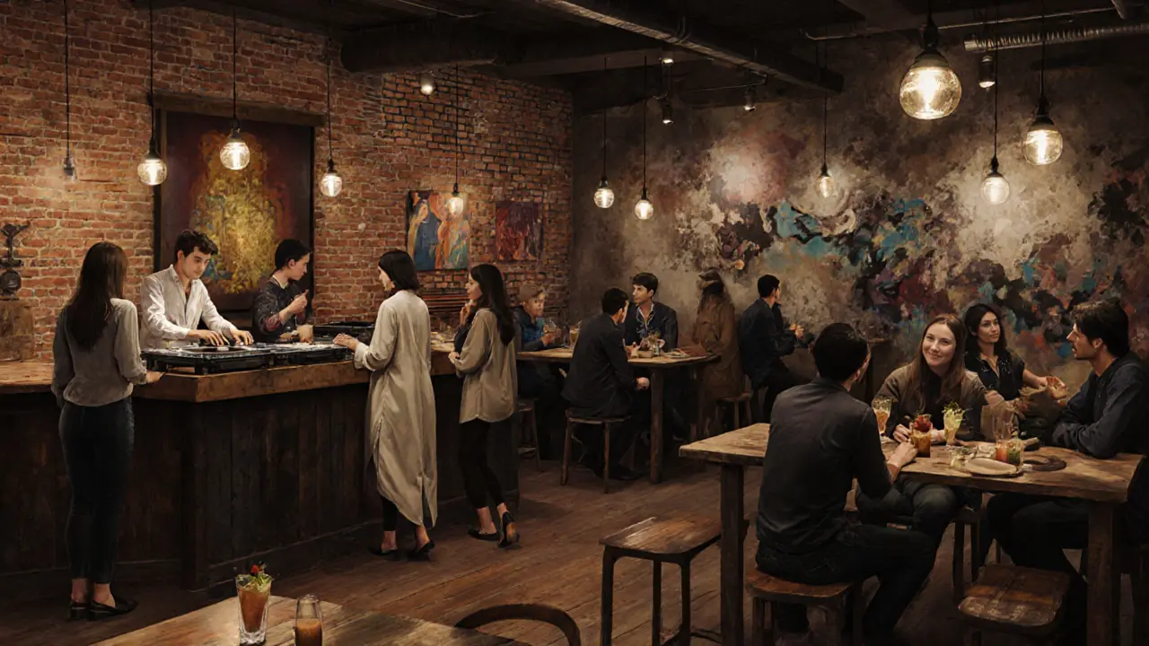 People socializing in an industrial-style bar in Alserkal Avenue with live music and craft cocktails.