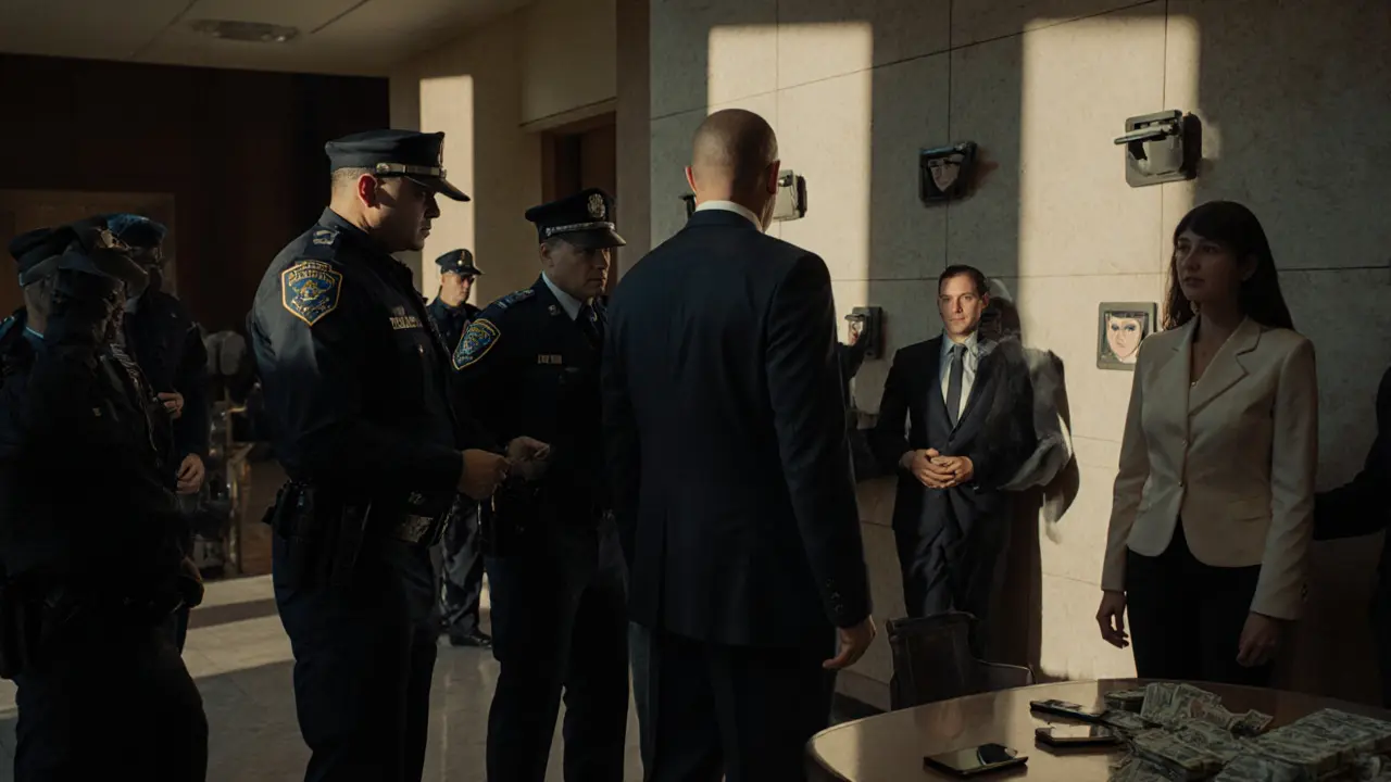 Police arresting a man in a hotel lobby during a raid, forensic teams collecting evidence nearby.