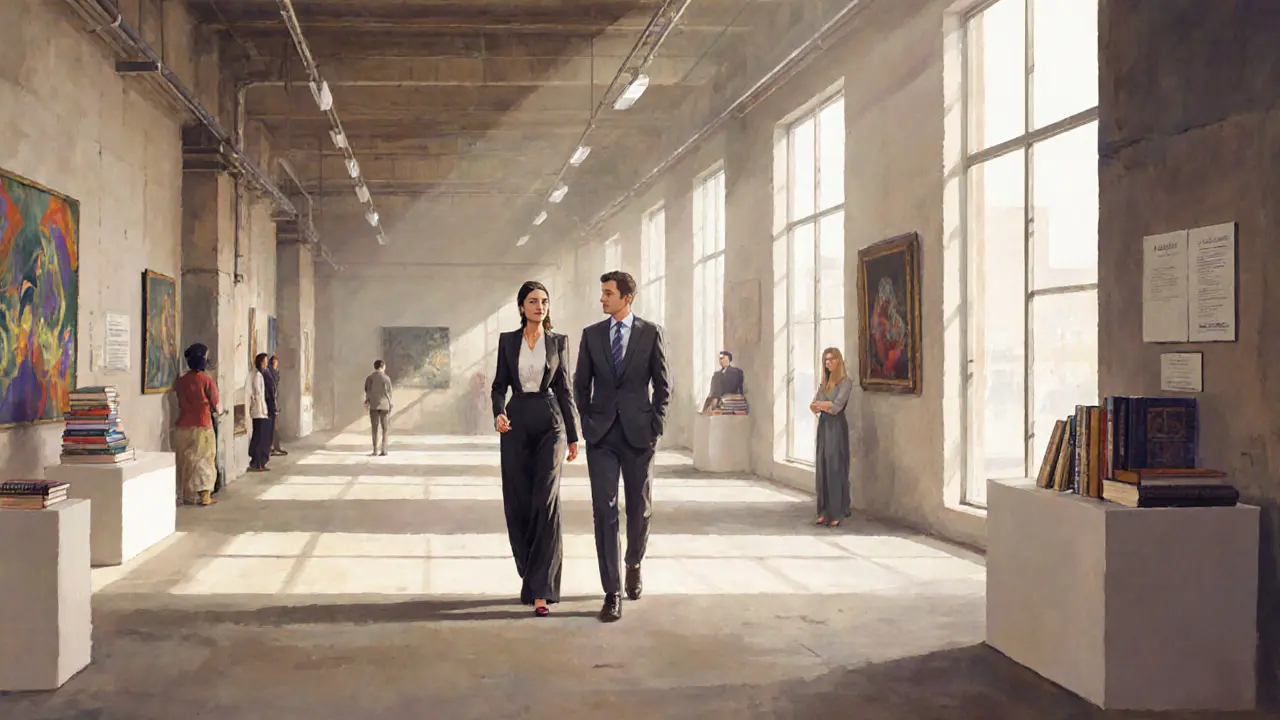 Professional companion and client exploring art galleries in Alserkal Avenue.