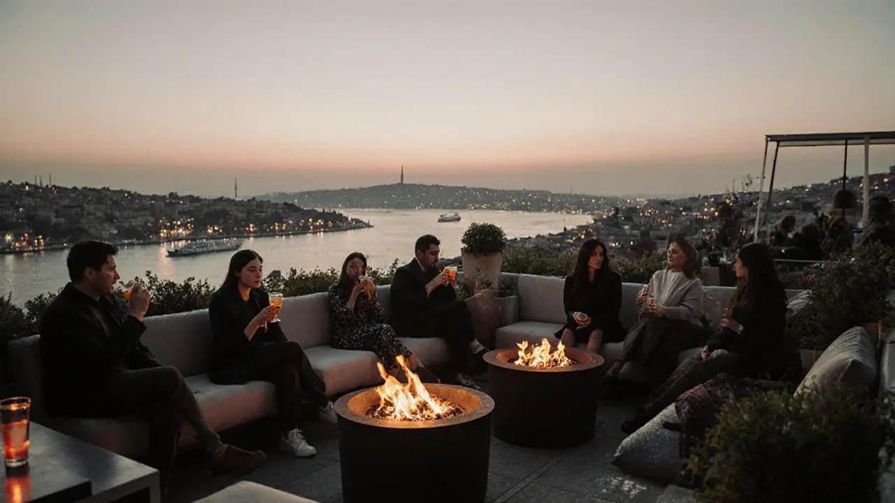 Quiet rooftop garden at dawn with fire pits and people enjoying cocktails as the city wakes up softly.