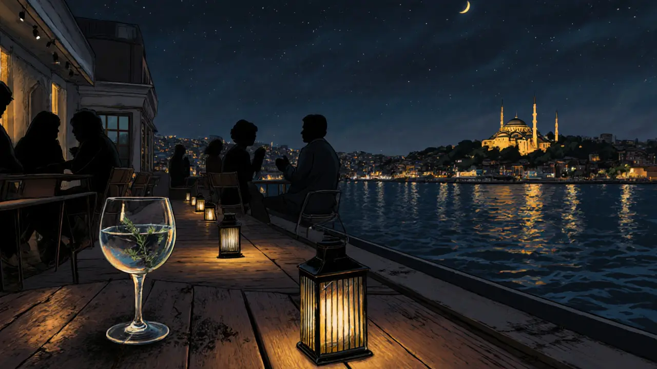 Quiet rooftop terrace overlooking the Golden Horn with lanterns and silhouettes in conversation.