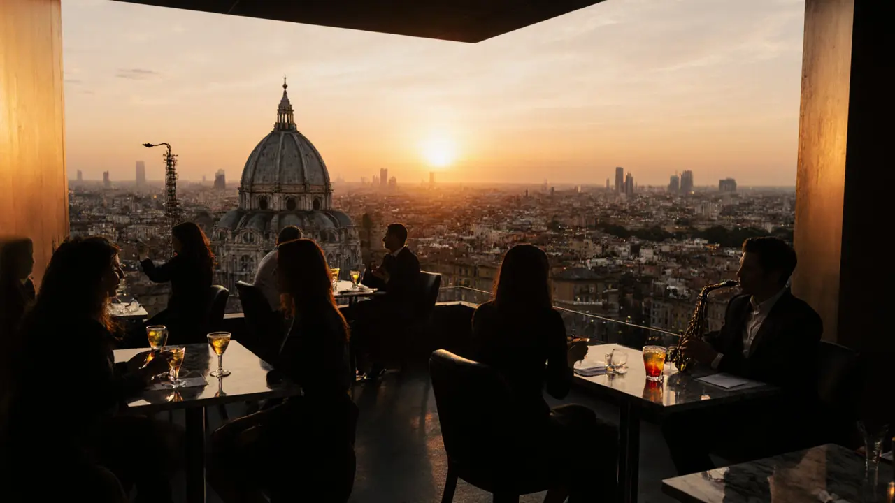 Rooftop cocktail view of Milan&#039;s Duomo at sunset with elegant guests