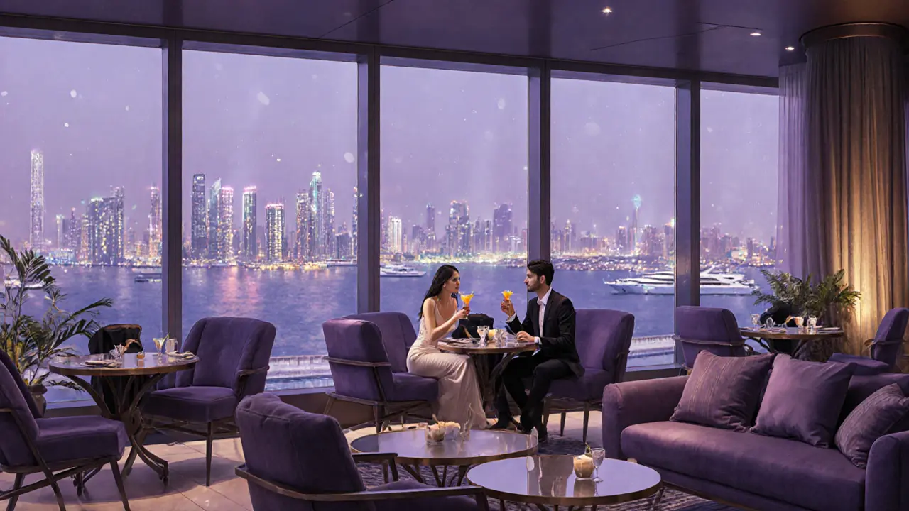 Rooftop lounge with city skyline views and couples enjoying cocktails in soft light.