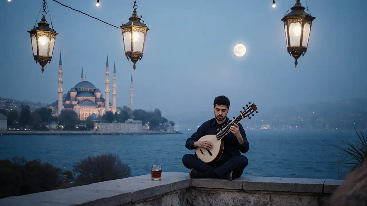 Rooftop terrace above a historic mosque with an oud player and the Blue Mosque glowing under moonlight.