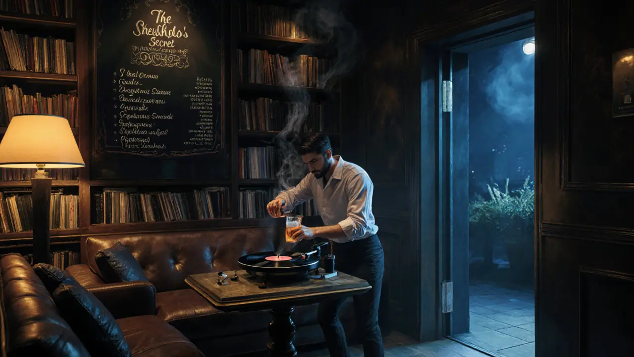 Secret bookshop bar with vinyl records, chalkboard menu, and barista pouring a spiced cocktail in dim golden light.