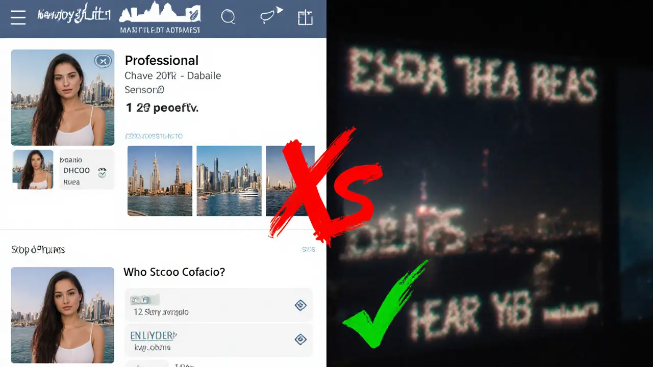 Side-by-side comparison of a professional online profile versus a fraudulent one, digital art style.