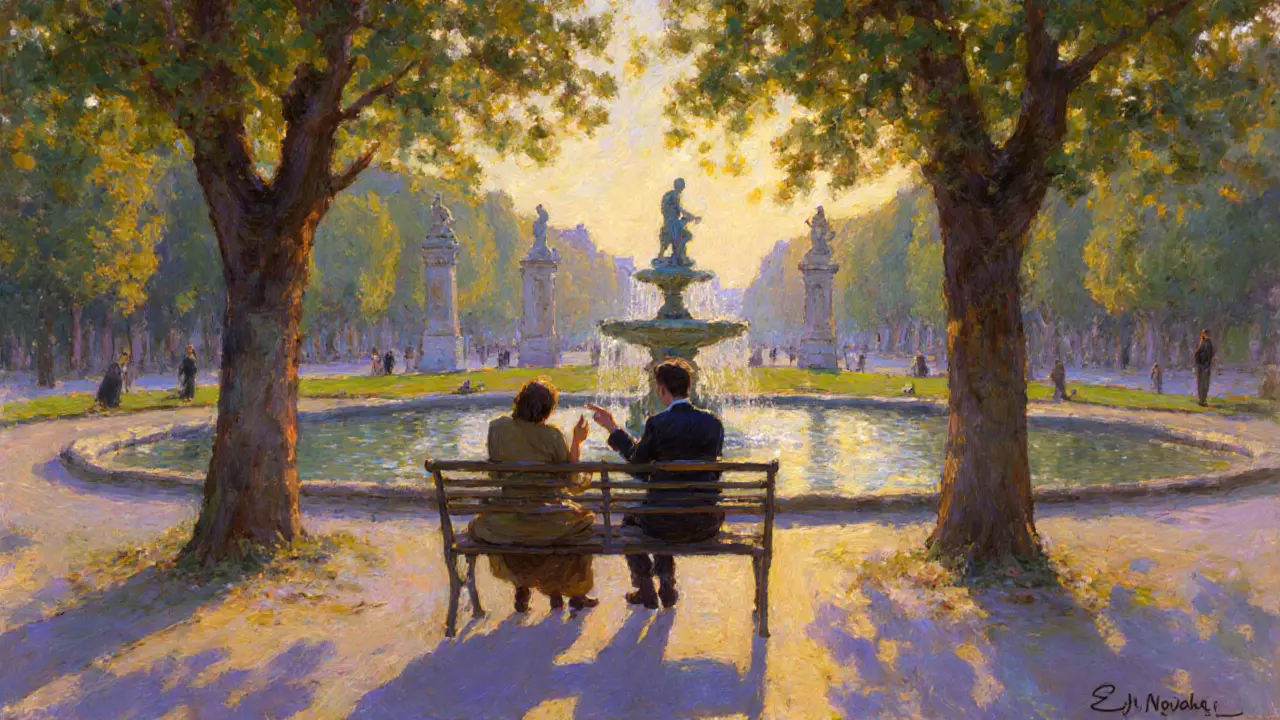 Silhouettes of two individuals sitting together on a bench beside a fountain in Luxembourg Gardens at dusk.