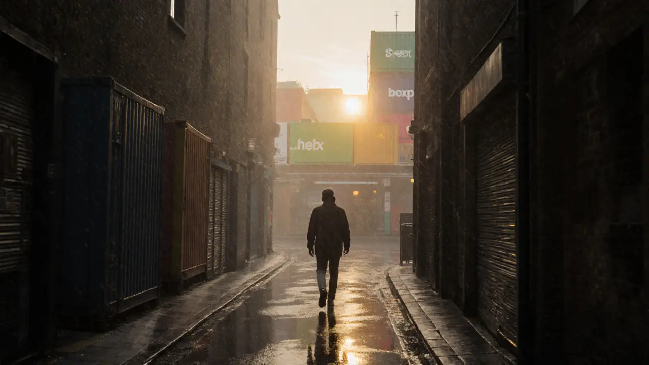 Solo figure walking down rainy alley at dawn, following music from a hidden club entrance.