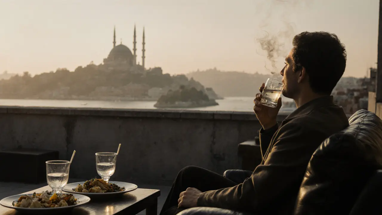 Solo person on a rooftop at dawn, sipping raki as the city wakes up with Galata Tower in view.