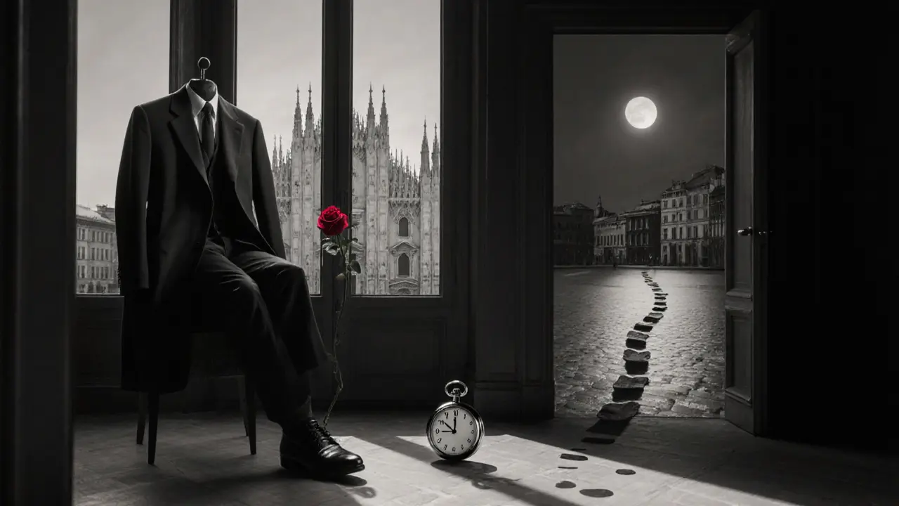 Symbolic still life of a tailored coat, rose, and pocket watch in a moonlit Milan room, evoking a memorable evening&#039;s end.