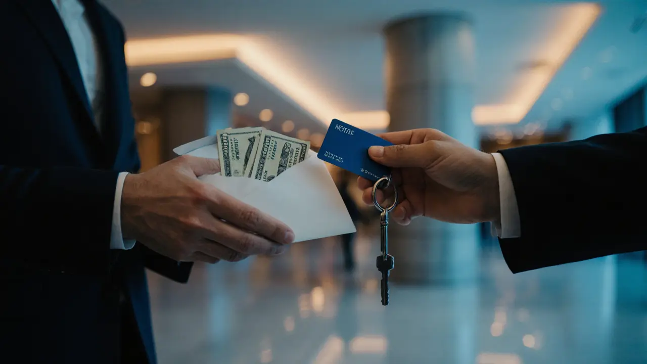 Two hands exchanging cash and a hotel keycard in a modern lobby.