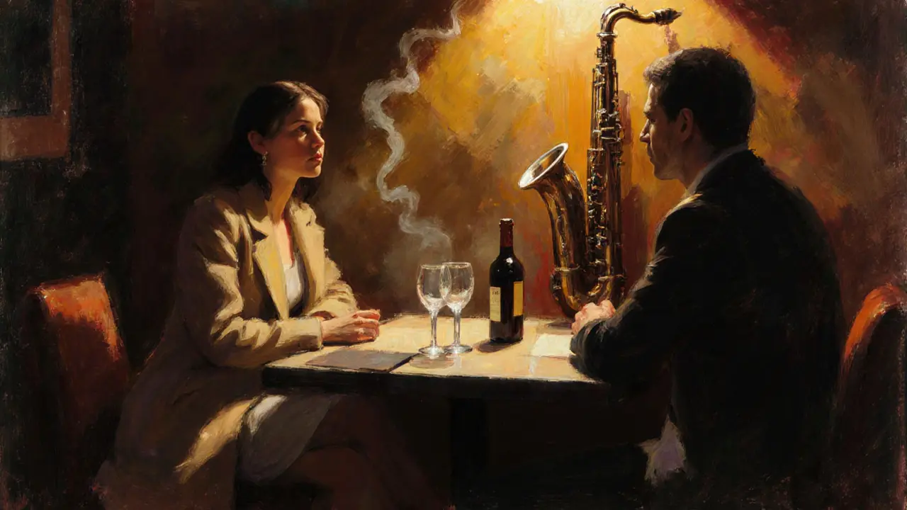 Two people enjoy a quiet jazz night in a dimly lit Milanese club, sharing a bottle of wine and attentive conversation.