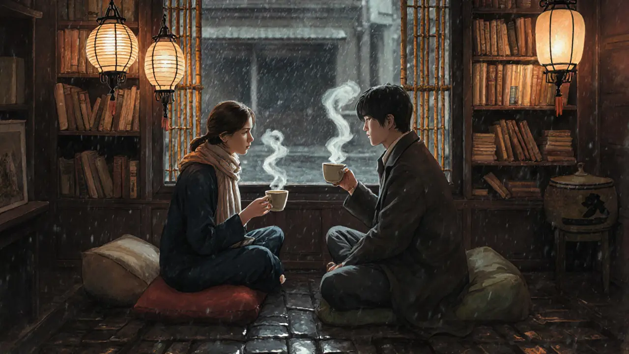 Two people enjoying tea in a hidden Neukölln tea house, surrounded by lanterns and rain-dampened windows.