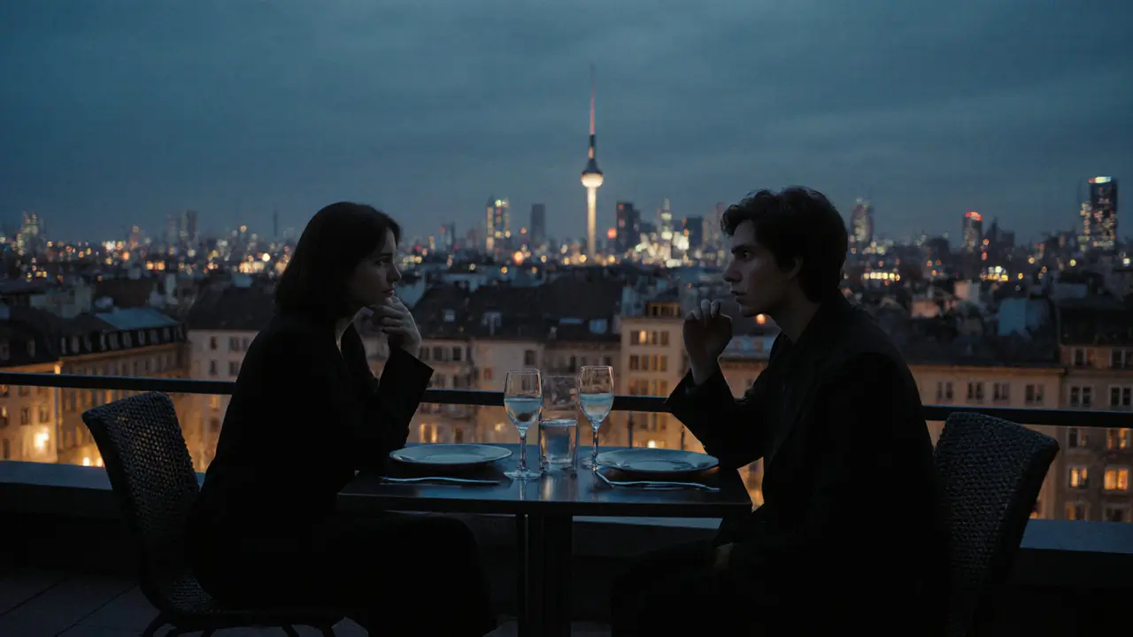 Two people on a Berlin rooftop terrace at dusk, enjoying wine and the city view in quiet companionship.