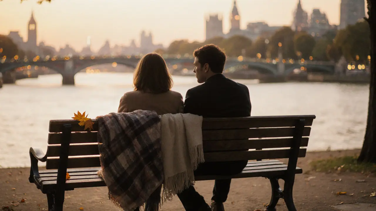 Two people sitting in silent companionship on a Thames park bench at sunset, sharing the quiet of the evening.