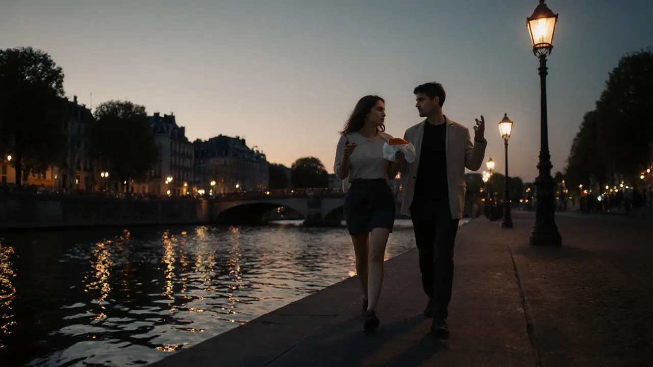 Two people walk calmly along the Canal Saint-Martin at dusk, sharing quiet companionship under lantern light.