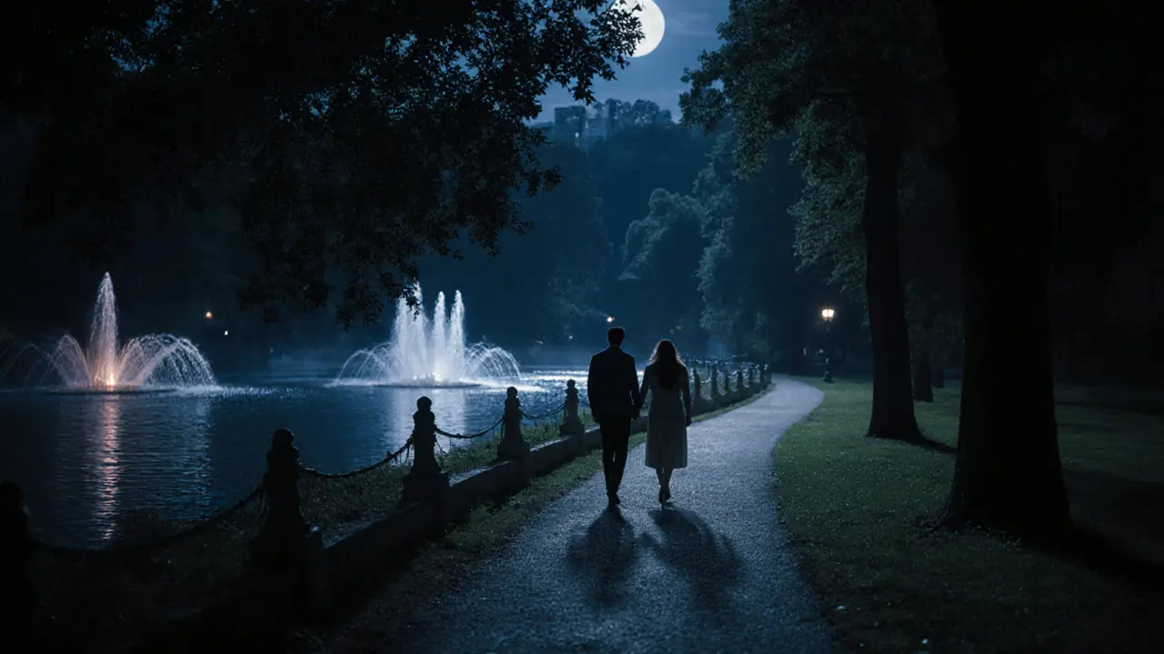 Two people walking hand-in-hand through the quiet, moonlit Royal Palace Gardens in Milan.