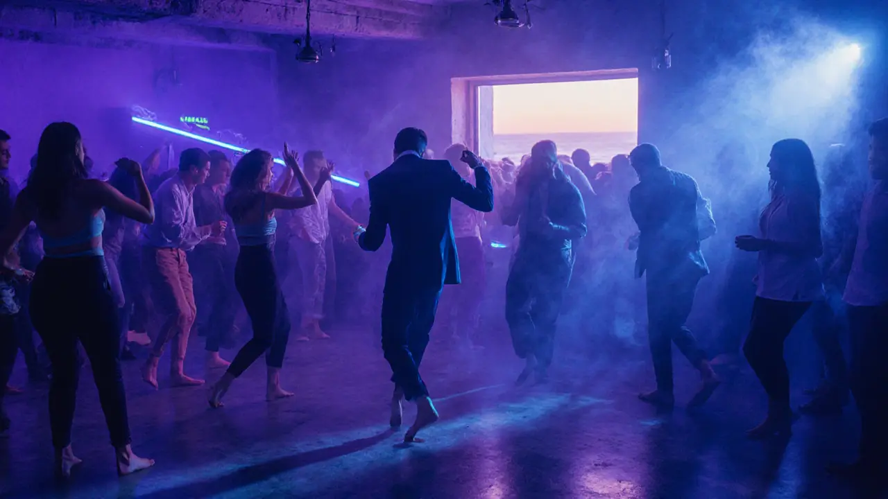 Underground club at sunrise with dancers under pulsing neon lights.