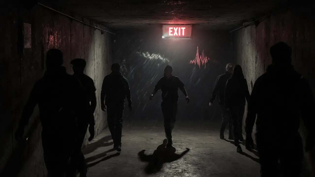 Underground club with strobe lights and silhouettes dancing in a dark concrete space.