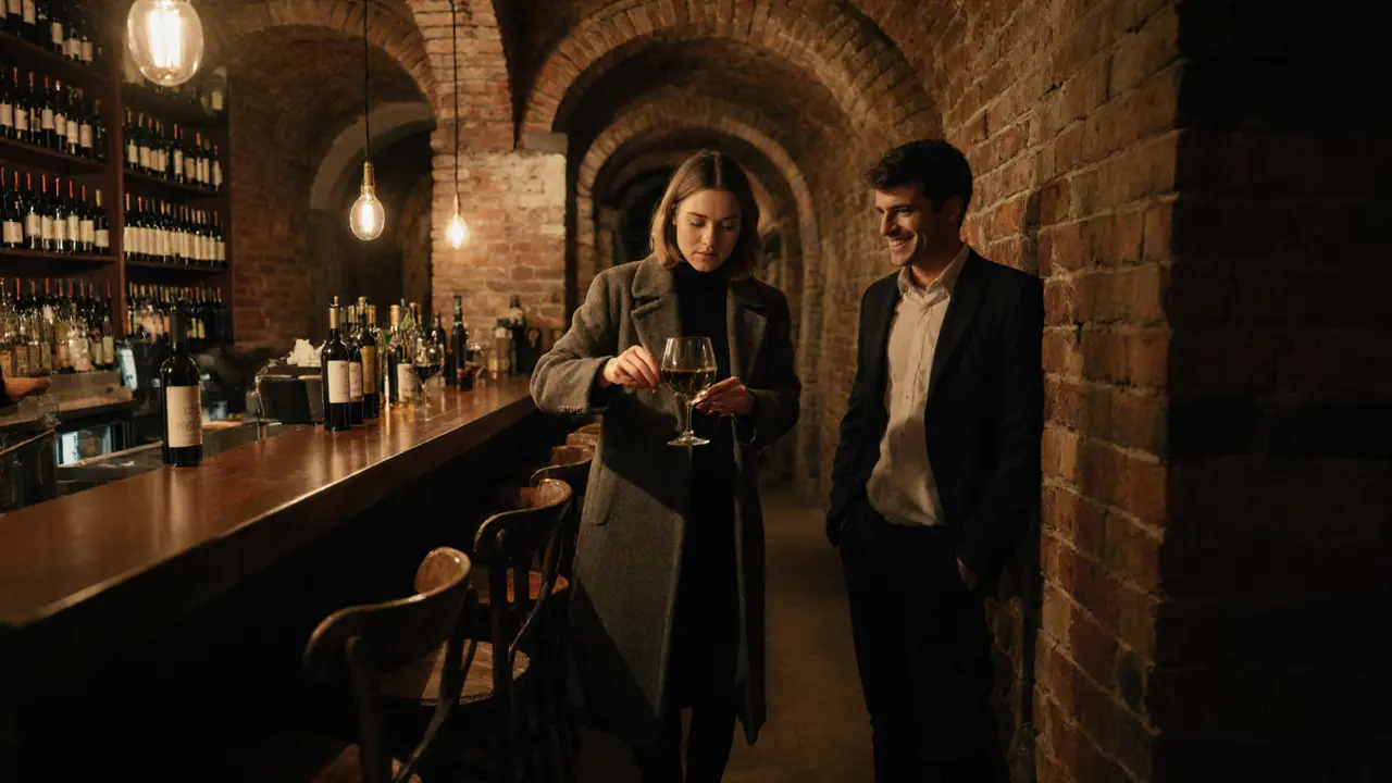 Underground wine bar with bottles lining walls, server pouring a sample to a guest.