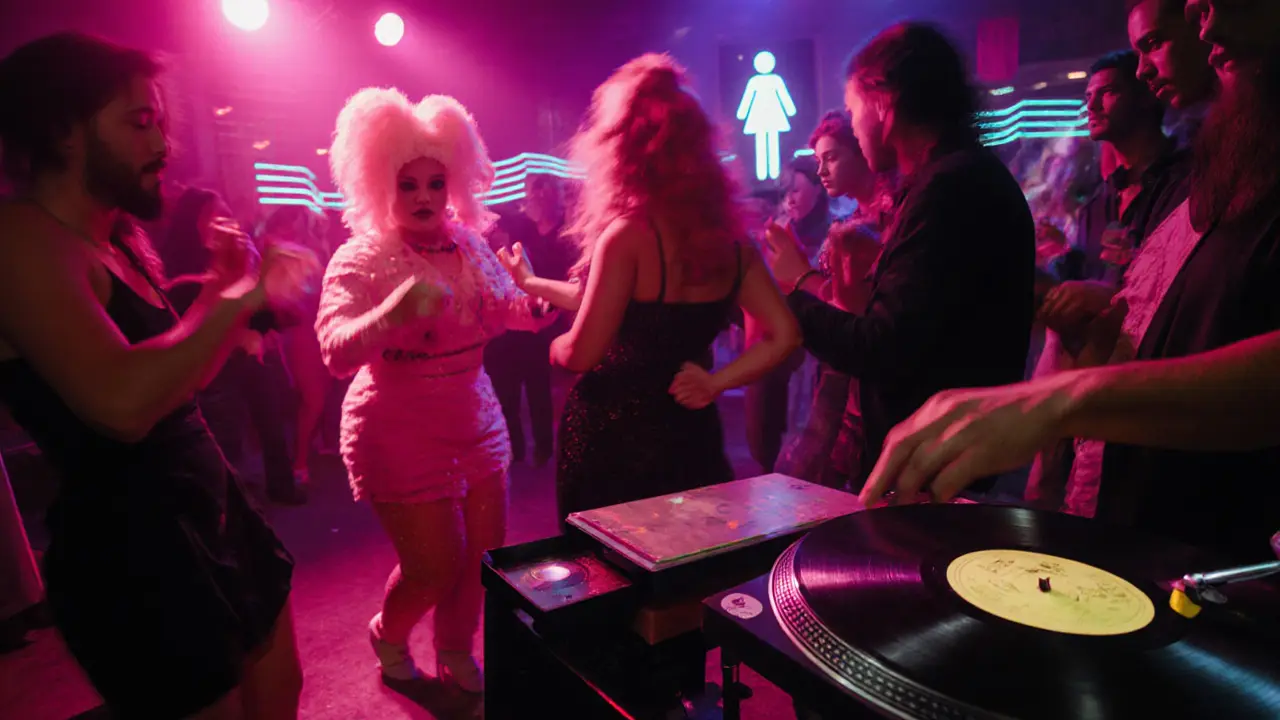 Vibrant queer-friendly club with drag performers, vinyl records, and diverse crowd dancing under neon lights.