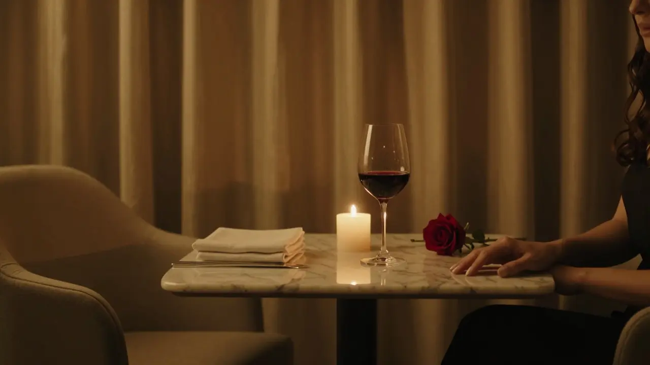 A candlelit table with wine and a rose, an empty chair suggesting a quiet, intimate moment.