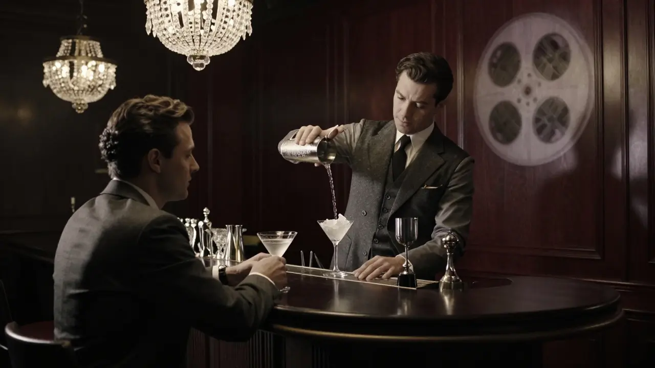 A classic bar with a bartender crafting a martini under crystal chandeliers in elegant silence.
