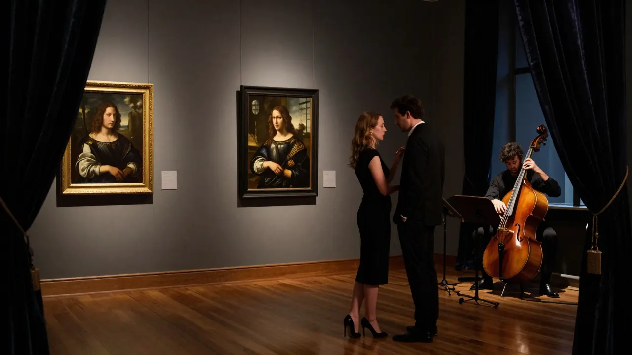 A couple admiring art in a private gallery during an intimate jazz performance at night.