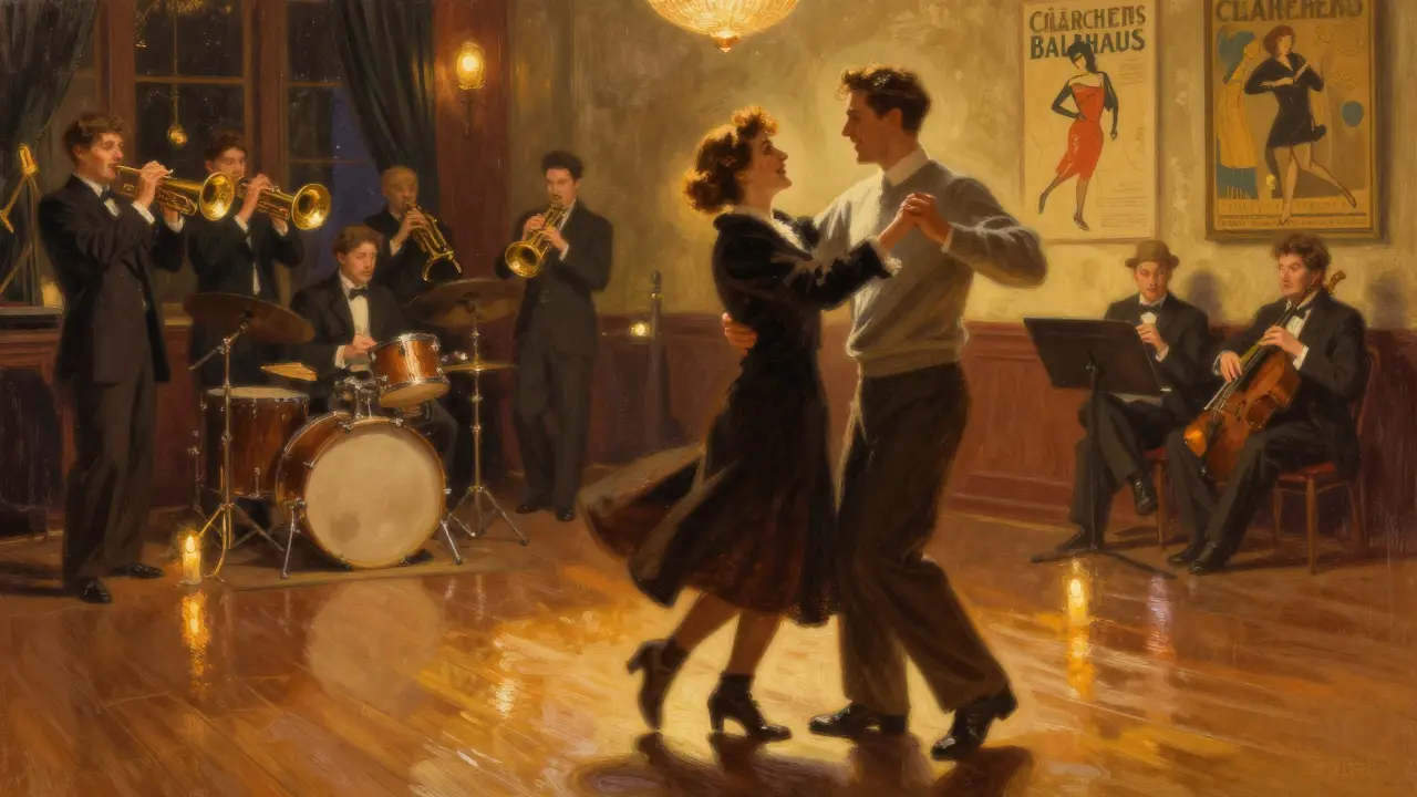 A couple dancing on a wooden floor in a historic Berlin ballroom under warm lantern light.