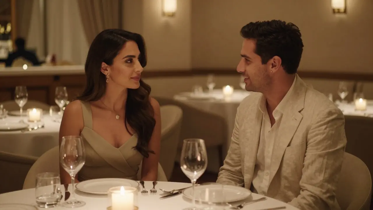 A couple dining at a high-end Abu Dhabi restaurant, engaged in quiet conversation under candlelight.