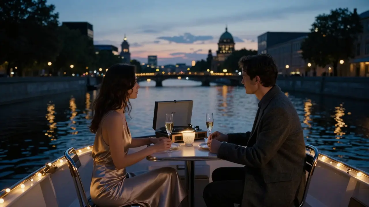 A couple sits quietly on a luxury boat along the Spree River, silhouetted against the city's twilight skyline.