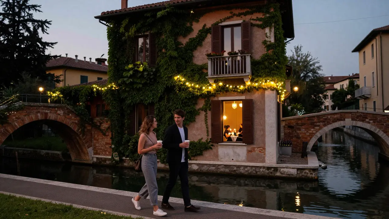 A couple walking along the Navigli canals in Milan at twilight, enjoying coffee and the city&#039;s ambient lights.