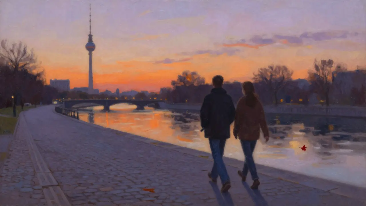 A couple walking peacefully along the Spree River at dusk, shadows stretching on cobblestones.